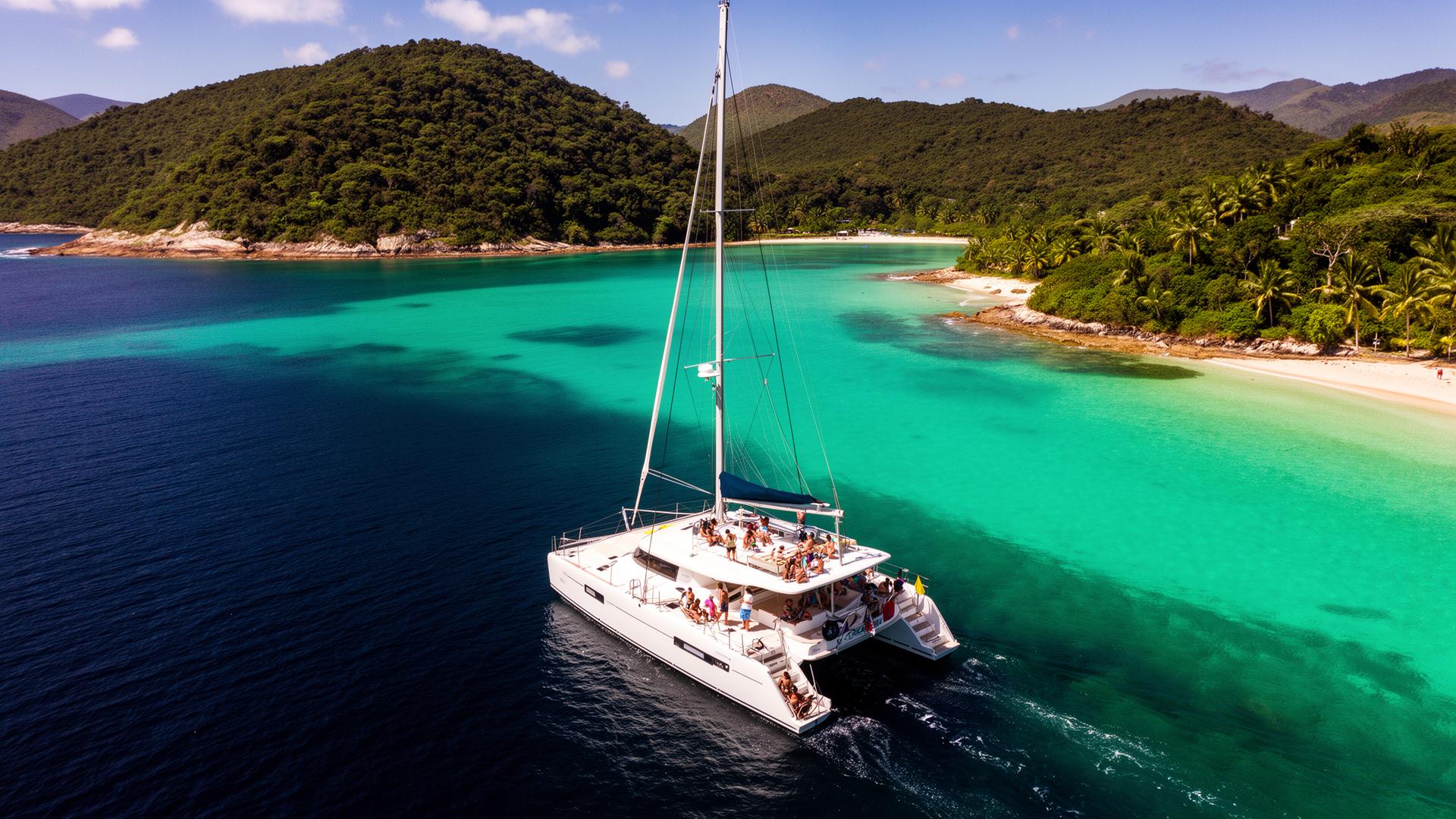 Catamarán navegando en aguas turquesa